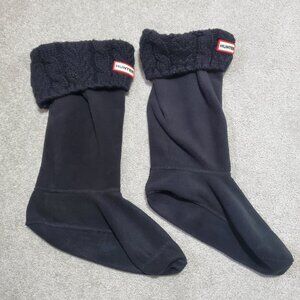 HUNTER Stitch Cable Knit Roll Cuff Original Sock Tall Boot Black Women's Large